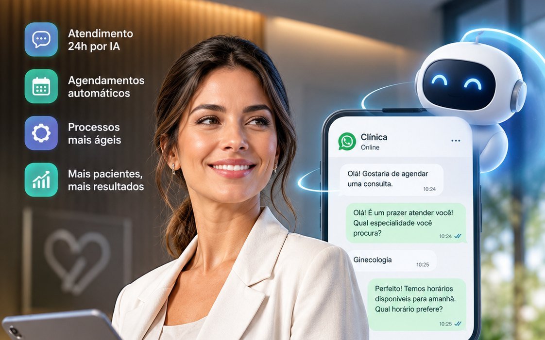 Recepcionista de clínica com tablet nas mãos ao lado de um agente de IA que atende um paciente no WhatsApp e agenda a consulta automaticamente