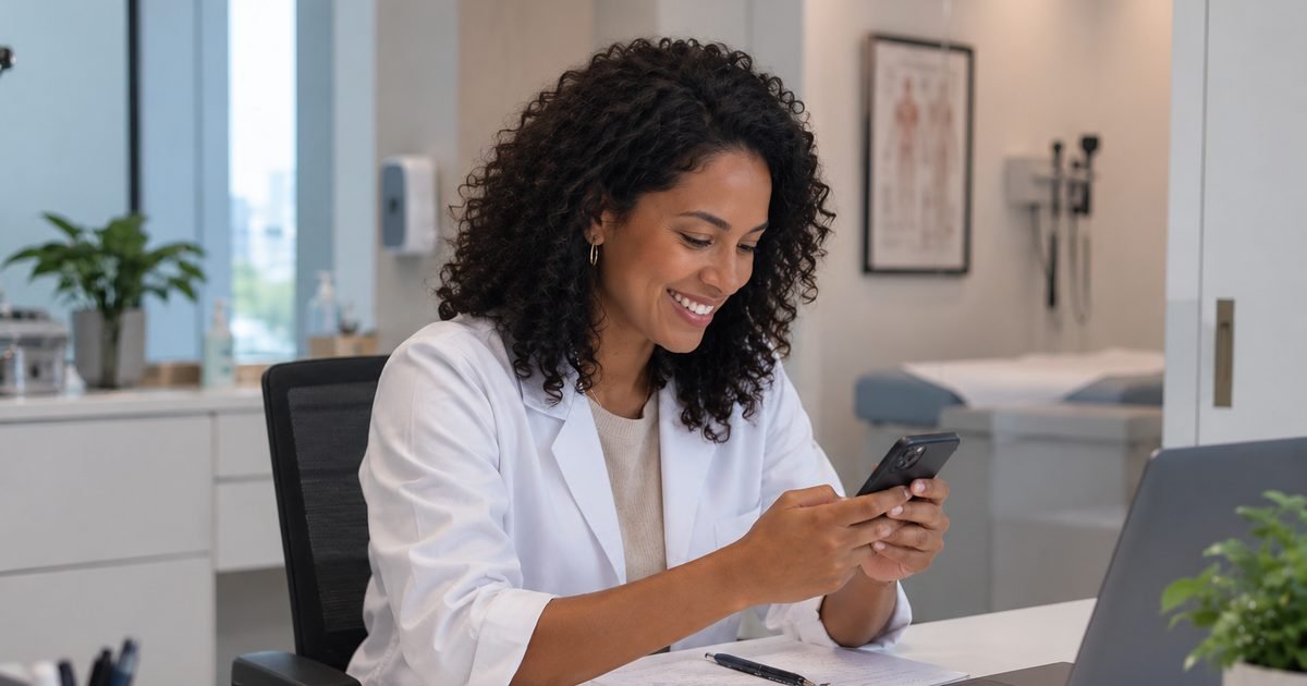 Médica sorrindo ao responder um paciente pelo WhatsApp no celular, no consultório: a nova cobrança do WhatsApp começa em 1º de outubro