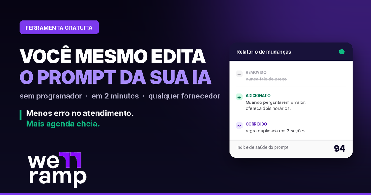 Editor de prompt da We Ramp mostrando relatório de mudanças com regra removida, adicionada e corrigida no prompt de um agente de IA de clínica